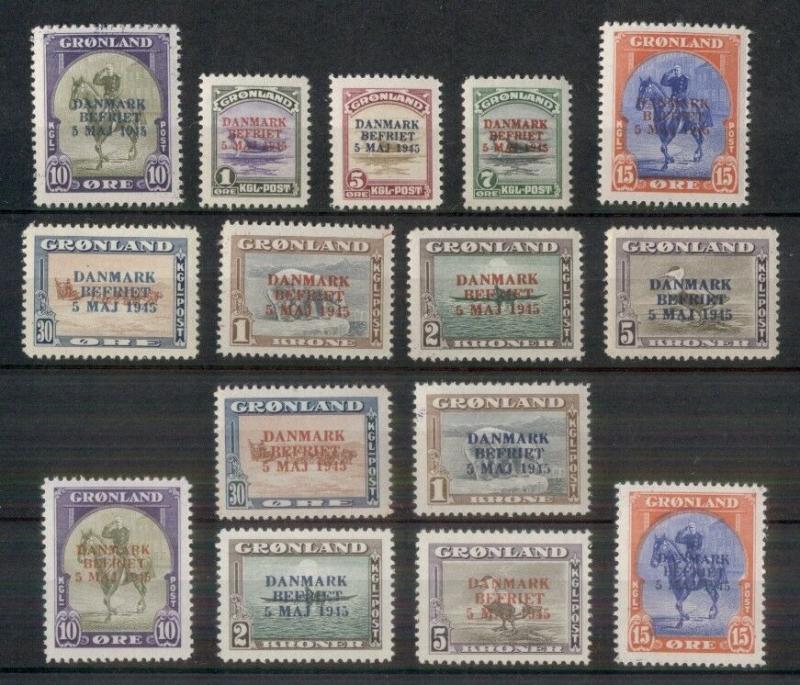 GREENLAND #19-27, 22a-27a, Complete Ovpt sets, both colors, og, NH Gronlund cert