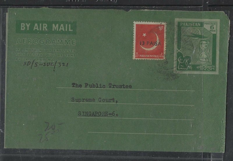 PAKISTAN  COVER (PP1404B) 1961  6A  AEROGRAM +13 RVALUED SENT TO SINGAPORE