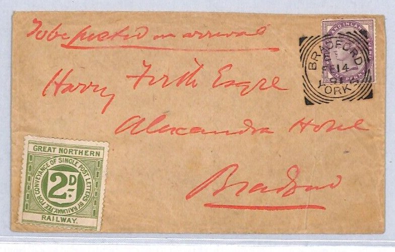 GB GNR New 2d RAILWAY LETTER STAMP Feb 1891** Cover BRADFORD Squared CircleYA51