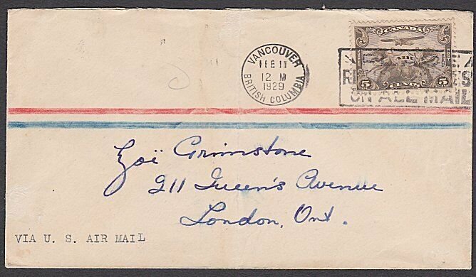 CANADA 1929 Airmail cover to London ' Via US air Mail' with 5c air..........T261