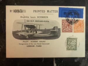 1925 England First Flight Postcard Cover to paris France Seaplane 120 Flown