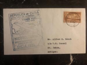 1931 Nuevitas Cuba Airmail first flight cover FFC to St johns Antigua