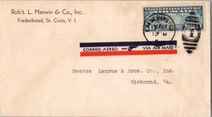 Virgin Islands 10c Map 1933 Frederiksted, V.I. Airmail to Richmond, Va. Corne...