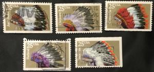 US #2501-2505 Used Booklet Singles (5) Indian Headdresses SCV $1.00 L3