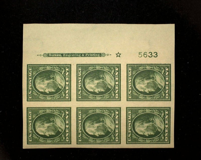 HS&C: Scott #383 MNH 1 cent Frank RM block of 6, imprint /PL #5633 A Beauty XF