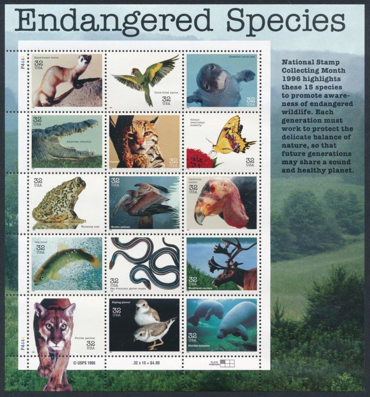 US  #3105 A-O 32¢ Endangered Species - Sheet of 15 - MINT VF NH OG