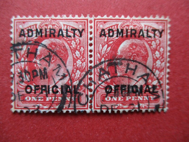 SGo108 Edward VII 1902 1d Red 011 Admiralty Official Pair Chatham Postmark Used 