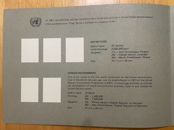 United Nations 1982 Year set with souvenir folder, NY, Geneva, Vienna & flags