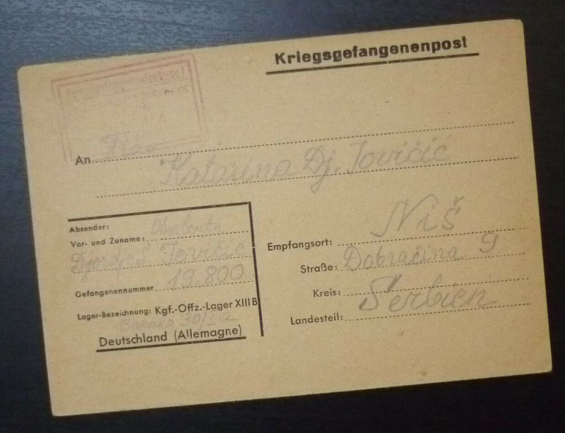 Germany Serbia WWII Yugoslavia Pow Card - Occupation Era! A5 