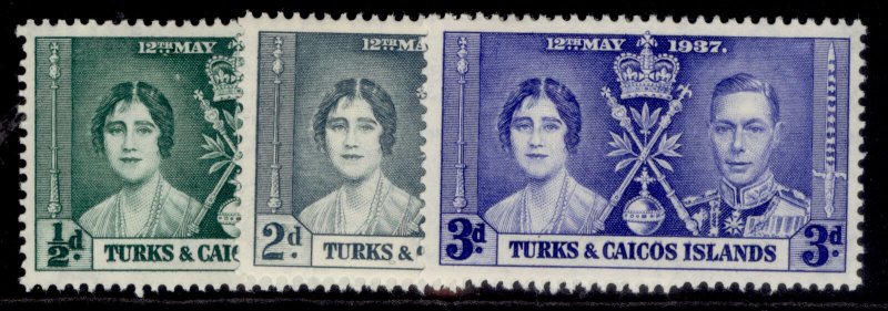 TURKS & CAICOS ISLANDS GVI SG191-193, 1937 CORONATION set, NH MINT.