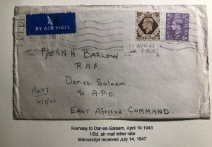 1943 England Airmail Cover To Royal Navy Air Force Dar Es Salaam Tanganyika