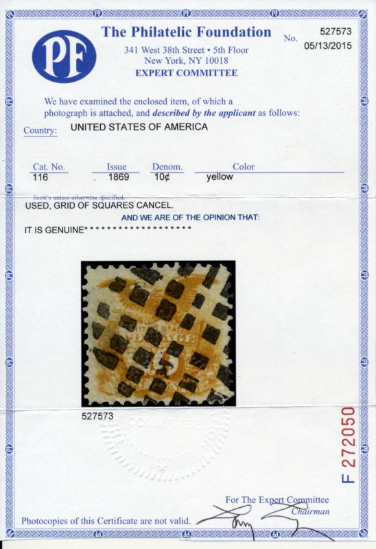 US 116 Pictorial Issue 10c 1869 Shield and Eagle PF cert grill of squares cancel