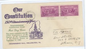 US 798 1937 3c US Constitution/150th Anniversary (pair) on an addressed FDC with a Leonard Gilman cachet