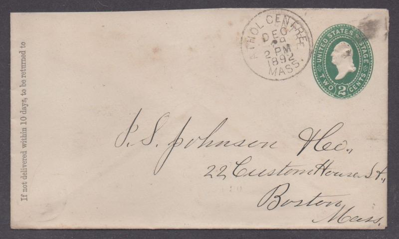 **US 19th Century P/S Cover, Athol Centre, MA,12/29/1892 CDS, DPO2