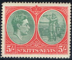 St Kitts Nevis 1943 5s Grey-Grn Scarlet SG77a Chalk Paper P.14 Fine Lightly Mtd