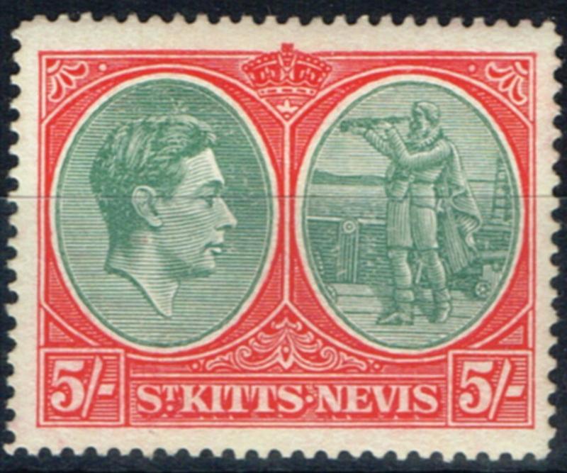 St Kitts Nevis 1943 5s Grey-Grn Scarlet SG77a Chalk Paper P.14 Fine Lightly Mtd