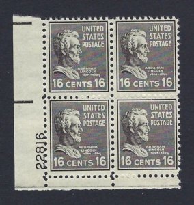 U.S. #821 16 CENT LINCOLN PLATE BLOCK MINT, F-VF, NH