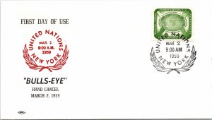 FIRST DAY OF USE (NOT ALWAYS FDC) UNITED NATIONS BULLS-EYE HAND CACHET 1959