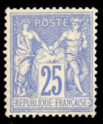 France, 1850-1900 #81 Cat$425, 1876 25c ultramarine, hinged