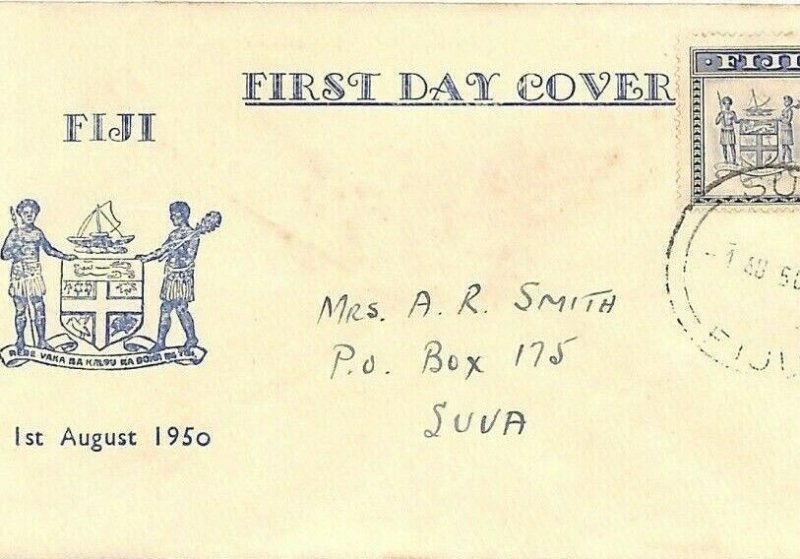 FIJI ILLUSTRATED *ARMS* FDC Internal *Suva* 1s/6d First Day Cover 1950 GJ412