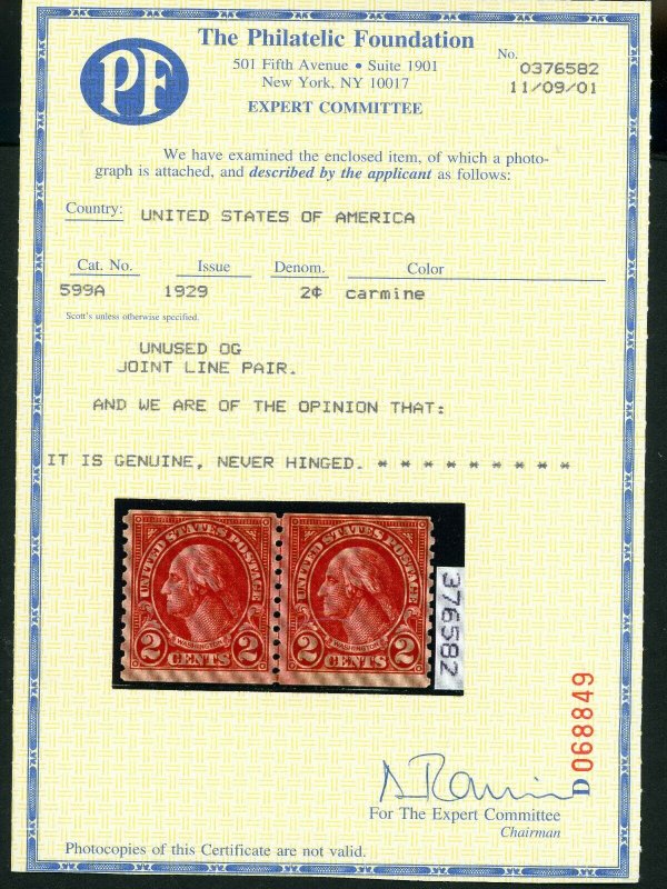 599A COIL LINE PAIR F-VF NH WITH CERT SCOTT CAT $1150