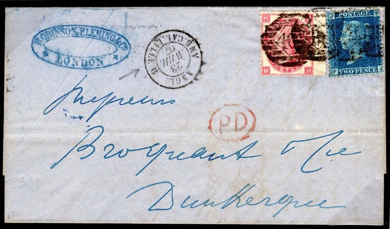 GB 2d BLUE Cover London 1867 CHANNEL PAQUEBOT FRANCE Dunkirk D165