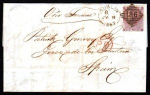 1863 EL to Jerez with 6d deep lilac w/o hair-lines neatly used, Dublin Duplex