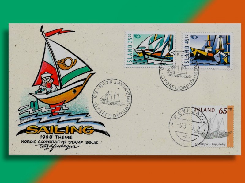 Iceland Celebrates the 1998 NORDEN Theme of Sailing!  Handcolored Combo FDC!