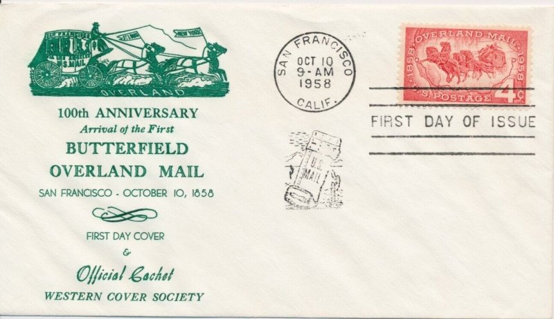 #1120 Overland Mail 1st Western cover Society Green cachet First Day cover 