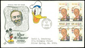 9/11/1968 MARCELINE, Cachet Honors WALT DISNEY + H/D DONALD DUCK, #1355 PB/4 FDC