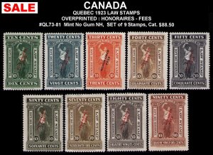 SALE CANADA QUEBEC REVENUE TAX 1923 QL73-QL81 VF MNG CV $88.50 SET 9 LAW STAMPS