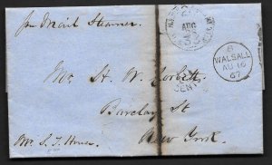 UK US 1867 WALSALL STEAMSHIP MAIL VIA LIVERPOOL TO NEW YORK