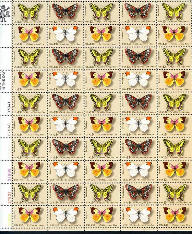 U. S. 1977 #1712-1, Butterflies pane of 50 - at face