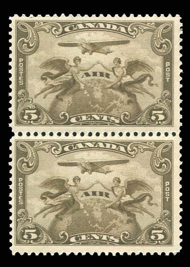 Canada #C1 Cat$50, 1928 5c brown, vertical pair, never hinged