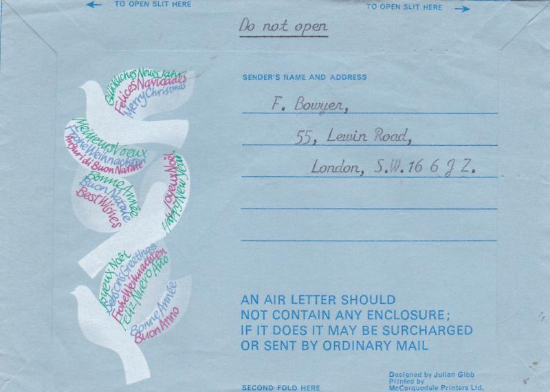 GB 1971 Christmas 5p Air letter First Day of Issue London WC VGC