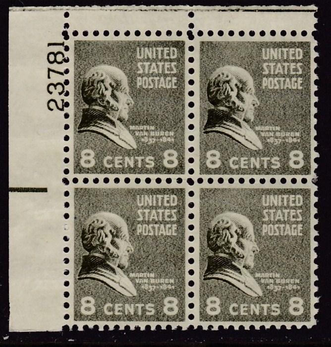 U.S. 1938 Prexie Issue Plate Number Block of 4. 8cent olive F/VF/NH(**)