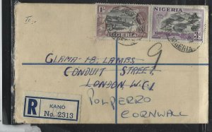 NIGERIA COVER (P2312B)  1957 QEII 4D RLE+1/-+3D REG COVER KANO TO ENGLAND 