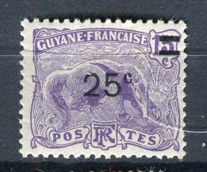 FRENCH COLONIES; GUYANE 1922 early Surcharged issue Mint hinged 25c. value