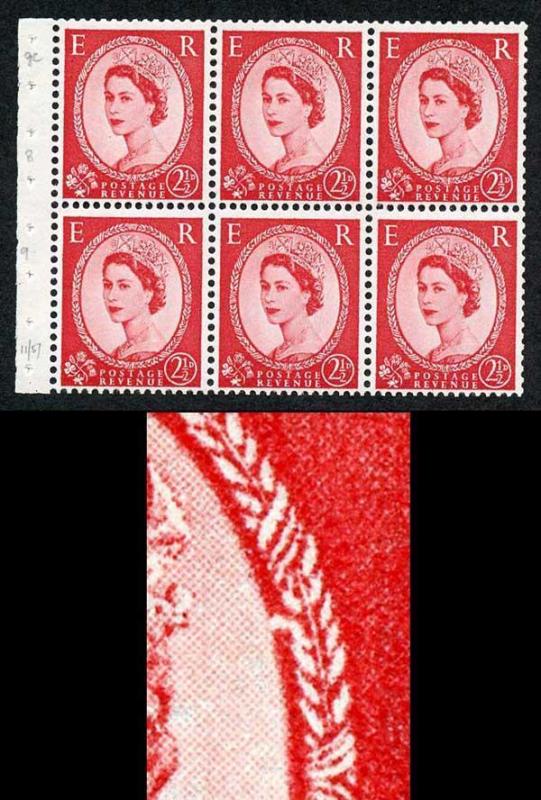 SB81e 2 1/2d Booklet Pane Wmk Edward Upright Wreath Flaw R1/3 U/M