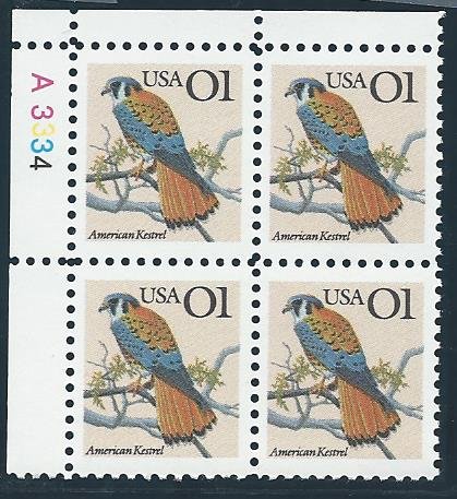 US Cat # 2476, Plate Block, American Kestrel, MNH*-