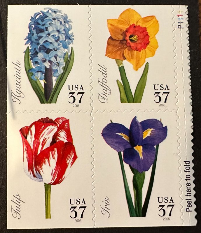 US # 3903 Spring Flowers Booklet pane of 8 (4 on each side) 37c  2005 Mint NH