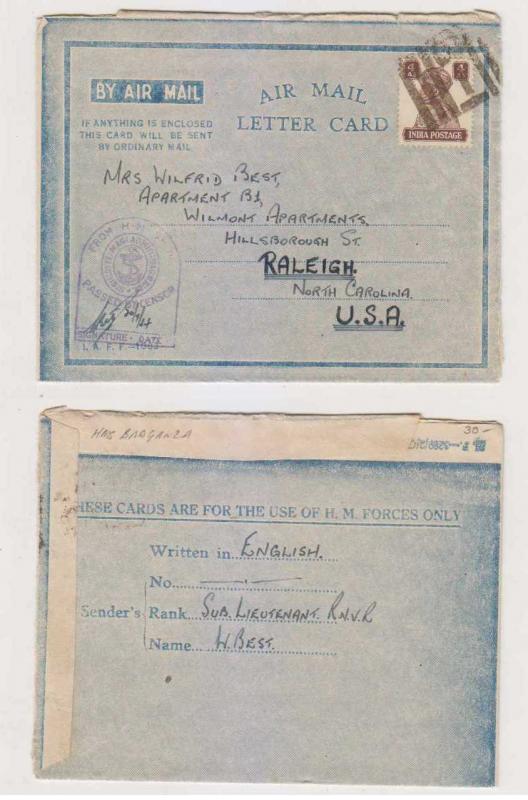 BC INDIA 1944 H. M. FORCE AIR MAIL LETTER CARD FROM HMS BRAGANZA Sc 176 CENSOR