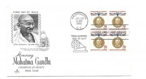 1175 8c Mahatma Gandhi, Champion of Liberty ArtCraft block of 4, FDC