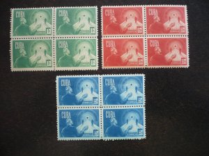 Stamps - Cuba - Scott#381-383 - Mint Hinged Set in Blocks of 4 Stamps