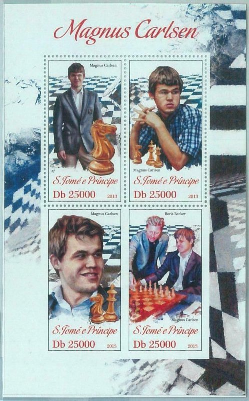 M1640 - S TOME & PRINCIPE, ERROR, 2013, MISPERF SHEET: Magnus Carlsen, Chess