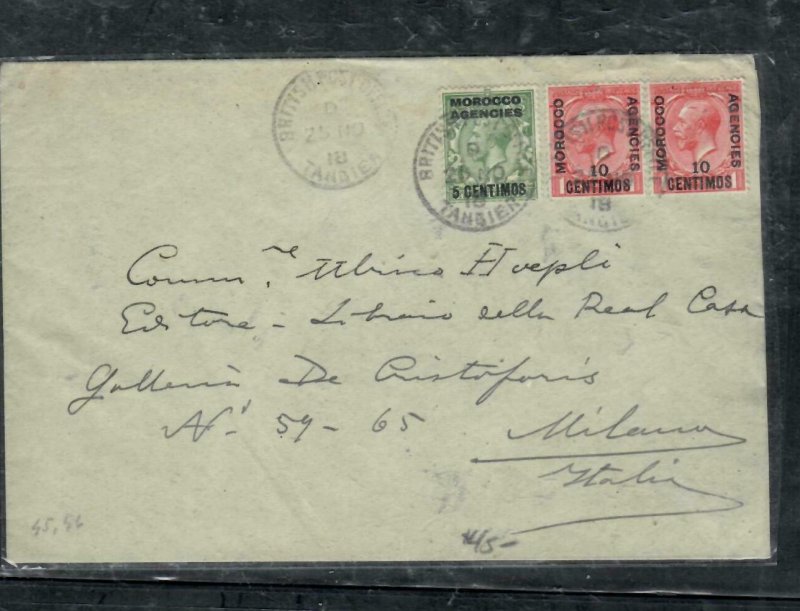 MOROCCO COVER (PP2912B) 1918 KGV 3 STAMPS TO ITALY  ANTIQUE OVER 100 YEARS OLD