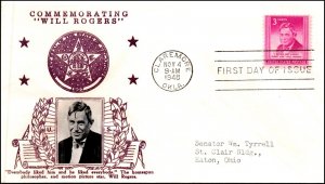 Scott 975 3 Cents Will Rogers Crosby FDC Typed Address Planty 975-42