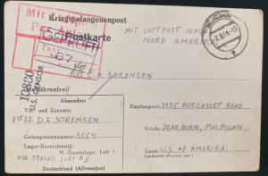 1944 Germany Stalag Luft 3 Prisoner of War POW Postcard Cover To Dearborn MI Usa