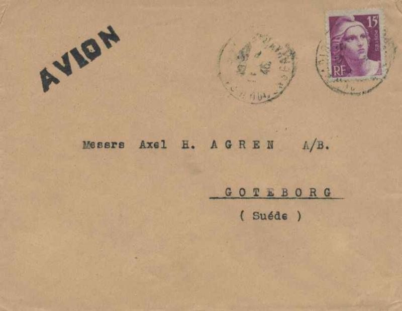 France 15F Marianne Gandon Engraved (2) 1946 Le Havre Airmail to Fayetteville...