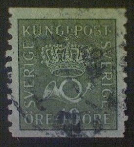 Sweden (Sverige), Scott #146v, used (o), 1920, Post Horn, 40ö, olive green